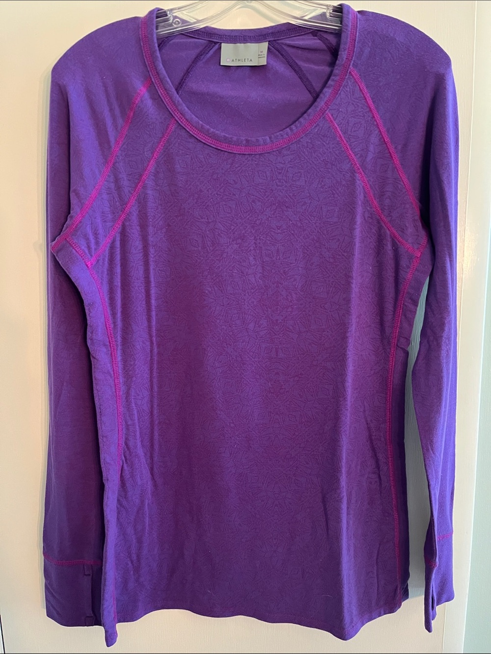 Athleta Purple Long Sleeve Performance Tee with Pink Stitching